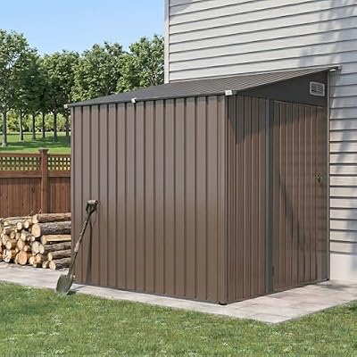 Aoxun 7x5.3 FT Lean to Shed - Metal Storage Garden Shed with Sloped Roof, Lockable Doors & Single Door, Outdoor Bike Shed for Backyard, Patio, Poolside (Brown)