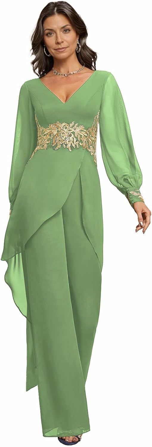 Mother of The Bride Pant Suits 2 Pieces Chiffon Mother of The Groom Jumpsuit V Neck Applique Wedding Guest Pantsuits
