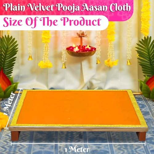 Image of Bhakti Lehar (1 Meter) Big Large Size Plain Orange Velvet Pooja Aasan for God Idol /Chowki Aasan Kapda Cloth for Temple Shelf Home Mandir, Ganesh Baithak and God Idol Sitting - Pack of 2