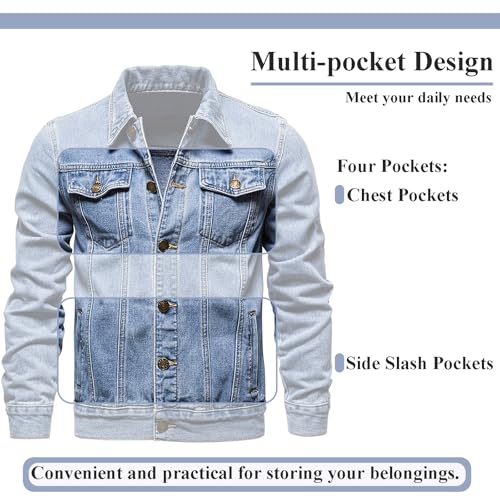 Image of Men's Denim Jacket Vintage-Inspired Jean Jacket with Multiple Pockets - Cotton Blend, Machine Washable