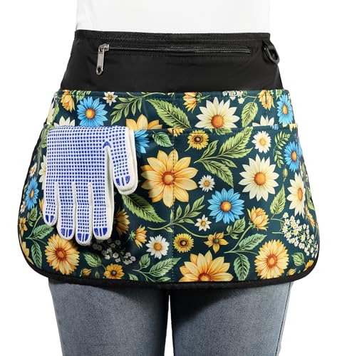 Bafelia Garden Apron for Women with 6 Pocket,Half Florist Apron (Green Flowers)