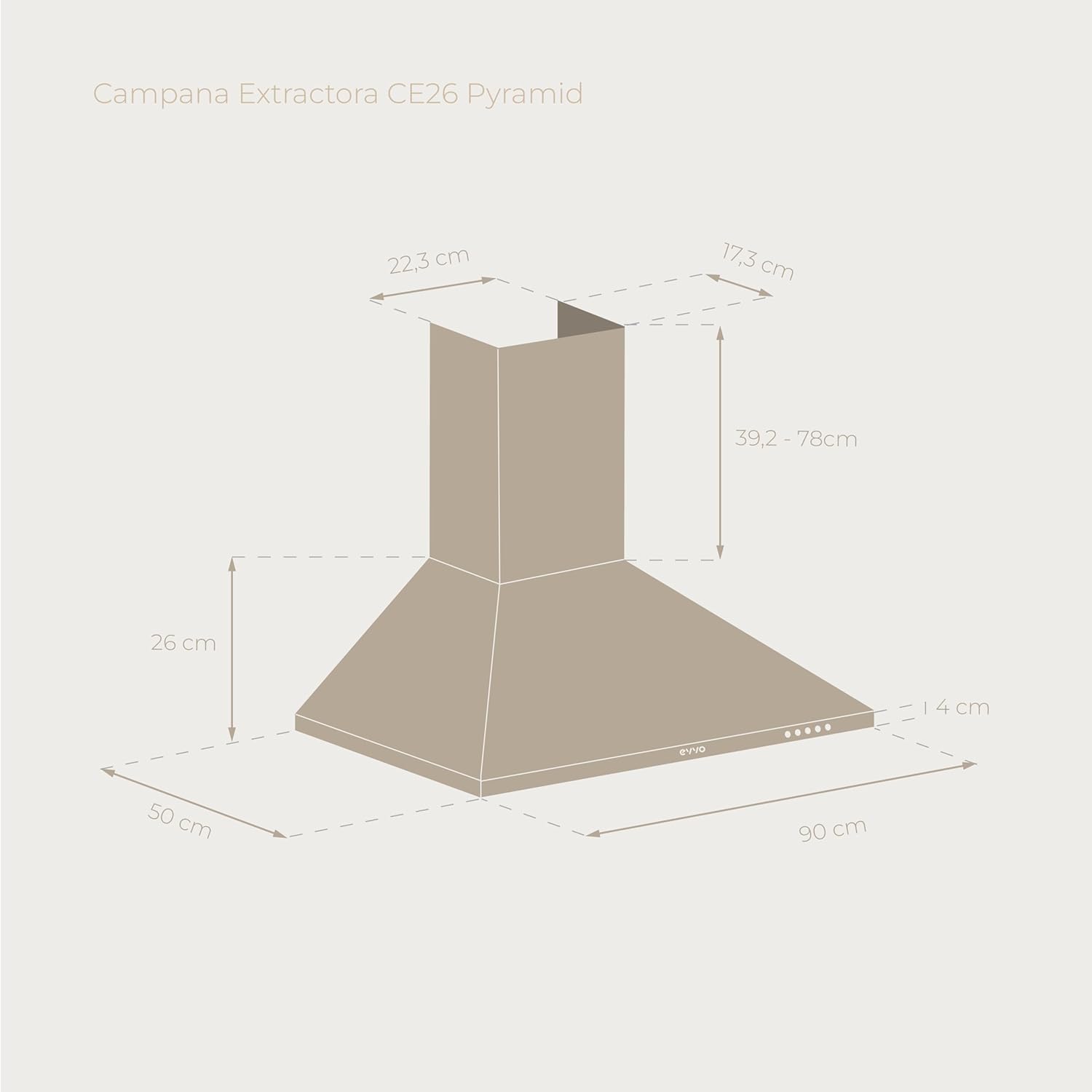 Diagram showing the dimensions of the EVVO CE26 Pyramid Cooker Hood: 90 cm width, 50 cm depth, and adjustable height from 39.2 cm to 78 cm for the chimney section.