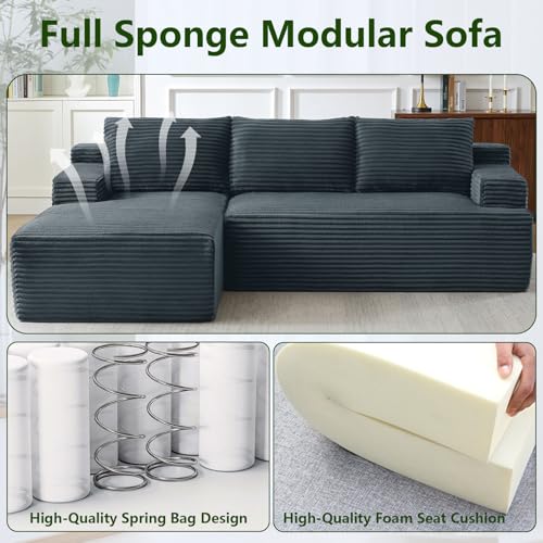 Image of 96 inch Modular Sectional Sofa, Modern Corduroy Cloud Couch, Boneless Couch Upholstered 3-Seater L-Shaped Sofa for Living Room, No Assembly Required (Dark Grey, Left-Facing Chaise)