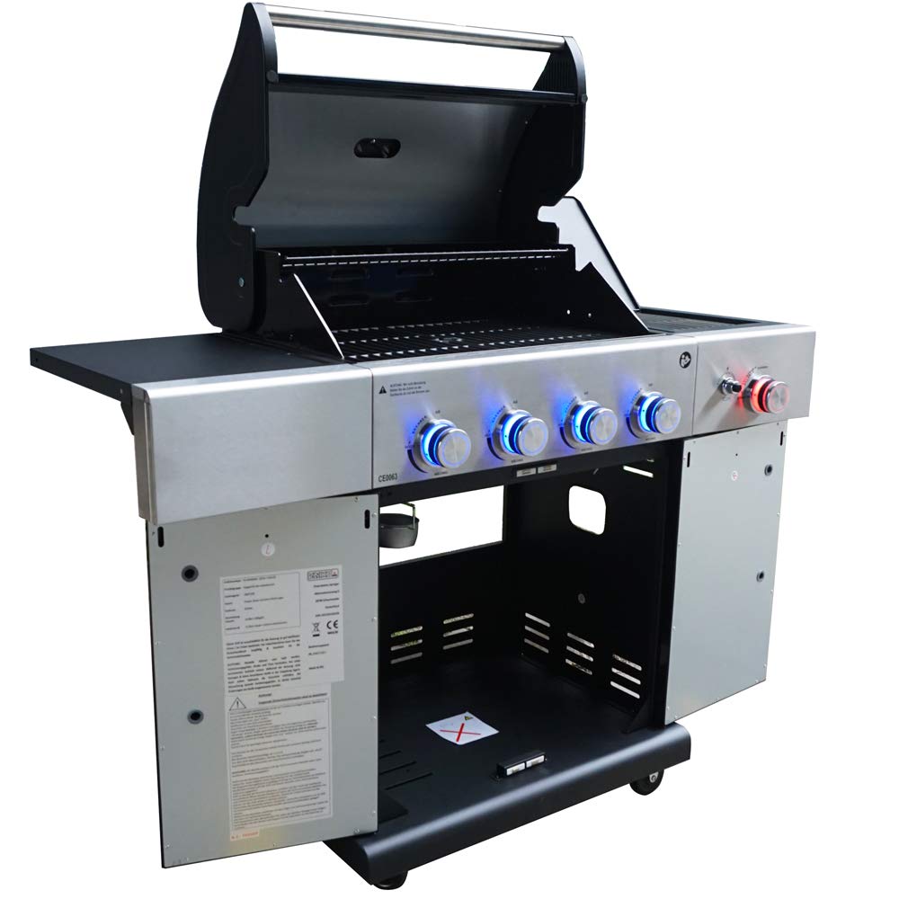 Madison Gasgrill mit 800 °C Infrarot-Zone – Grill mit 4+1 Edelstahlbrenner, Thermometer, LED-Regler & Seitenkocher – XXL BBQ Grillwagen mit Gusseisenrost, Piezozündung, 5–11 kg Gasflasche