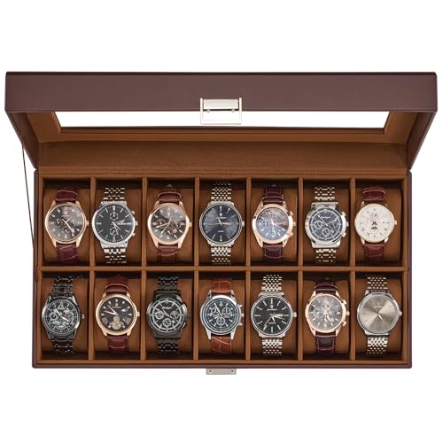 ProCase Boîte à Montres 14 Slots, Coffret Rangement Montres Grande Capacité, Couvercle Transparent Anti-Poussière, Protection et Présentation Élégante -Marron