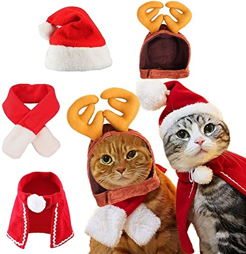 QETRABONE Costume Noel pour Petits Chat Chien Vêtements de Noël de Compagnie Chapeau de Noël pour Chat Écharpe de Noël pour Chien (4 pcs) Cover