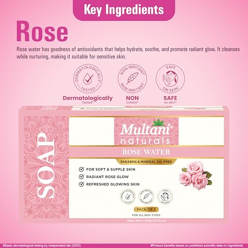 Image of Multani Naturals Rosewater Soap Bar For Bath (125 Gm - Pack Of 5) I Paraben Free | Clinically Tested | Herbal Soap Bar with Rose Water & Glycerin | Helps Sooth & Calm Irritated Skin, Hydrate & Softens Skin | For All Skin Types | Soap For Men & Women