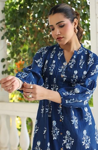 Image of Janasya Women's Pure Cotton Floral Printed A-line Kurta