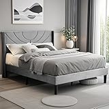 VECELO Upholstered Platform Queen Bed Frame with Fabric Headboard,Wooden Slats Support/No Box Spring Needed/Mattress Foundation,Dark Grey