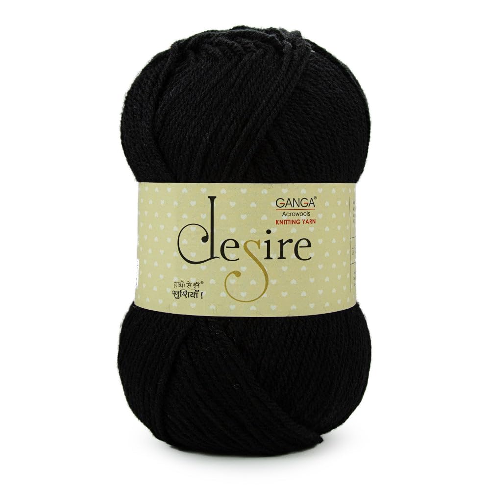 Ganga Acrylic Desire Knitting Yarn premium wool Ball (Pack of 1 ball - 100grams) idle for Hand Knitting and Crochet thread for Art&Craft, Baby Wear, Blankets, Ponchos Mufflers, Caps; Available in multi colours (DSR003 - Jet Black)