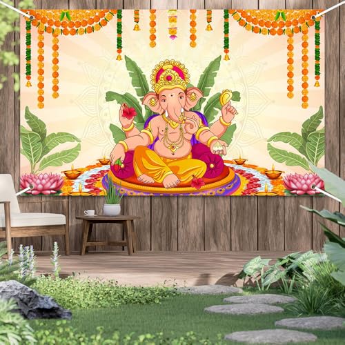 Image of Pooja Ganpati Decoration Banner Indian Puja Cloth Items Backdrop | Traditional Chatiya Ganesh Mehndi Photography Background Wedding Festival Party Marigold Garlands Photo Booth 70.8x43.3inch