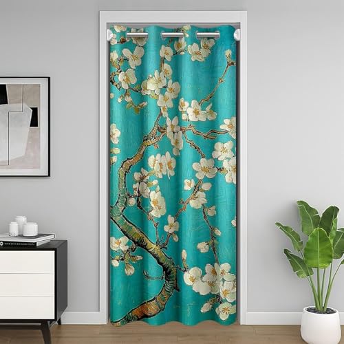 meiyoeat White Plum Door Curtain for Doorway Privacy for 42x80 Inch 1 Panel Kids Floral Flower Closet Door Cover for Boy Girl Teen Chinese Style Darkening Curtain Washable Blue
