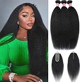 Kinky Straight Bundles with Closure (14 16 18+12) 100% Unprocessed Yaki Straight 3 Bundles with 2x6 Lace Closure Sew in Natural Color for Black Women