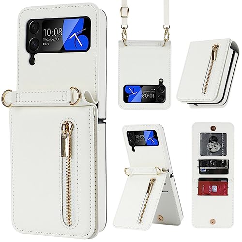 Lanyard pour Galaxy Z Flip 4, pochette bandoulière cuir blanc chic