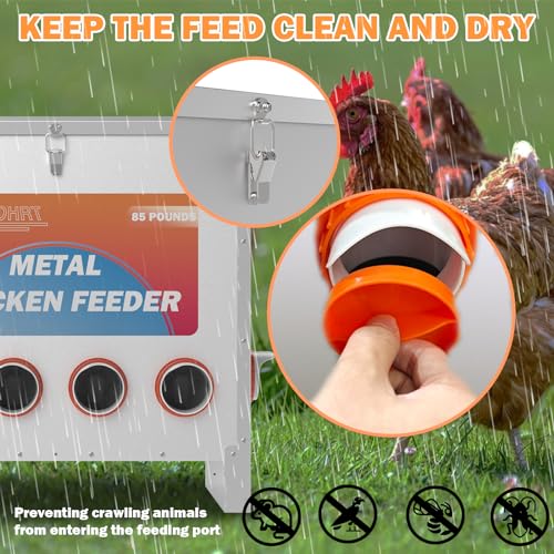85-120LBS Capacity Chicken Feeder No Waste 10-Ports Automatic Large Poultry Feeder with Latch & Handle for Chickens Bantams Pheasants Poultry Coop Weatherproof