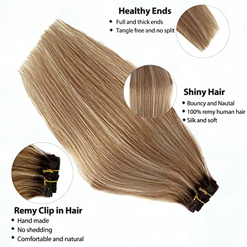Image of Clip in Hair Extensions Real Human Hair, Medium Brown Roots Human Hair Clip in Extensions 7 Pcs 70g Golden Brown Mixed 613 Blonde Highlights Human Hair Extensions Clip ins 12 Inch, #4T12P613