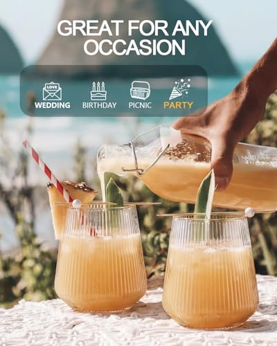 Image of Maaacute 40 Pack Ribbed Plastic Wine Glasses, Ripple Disposable Stemless Wine cocktail Whiskey Champagne Glasses, 12 Oz Clear Unbreakable Cups for Party,Indoor,Outdoor,Wedding,Bars,Tasting