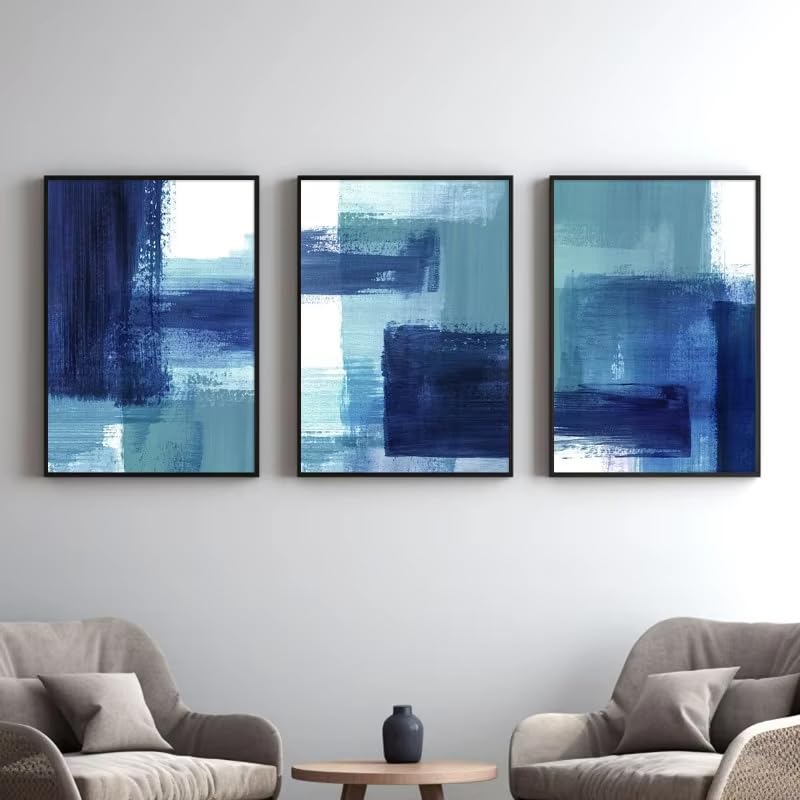 Cuadros abstractos para salón sin marco, tríptico en lienzo azul marino y verde azulado IHHGNB