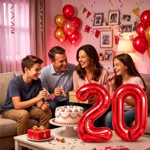 Image of Number Balloons Red Party Balloon - 40 Inch Large Number 20 Balloon, Numbers Balloon Birthday Decorations, Red Party Supplies for Anniversary