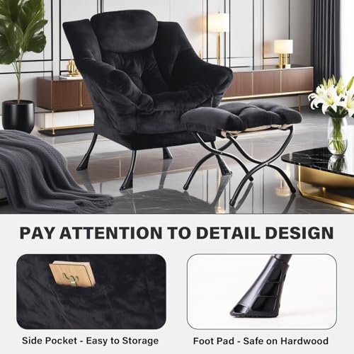 Image of Tiita Lazy Chair with Ottoman, Black Modern Large Accent Chair, Comfy Leisure Sofa Armchair with Ottoman, Reading Chair with Footrest for Bedroom, Living Room, Dorm Rooms, Plush Black