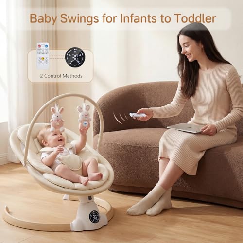 Image of Baby Swing for Infants, Portable Electric Baby Swings with Bluetooth, 5 Swing Speed, 10 Melodies, 5-Point Harness, Remote Control & Touch Panel - Infant Swing for Indoor & Outdoor Use, Beige