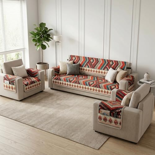 Image of KINGLY Sofa Cover for 1 Seater | Quilted Velvet Seat Cover | Anti-Slip Sofa Mat with Back Elastic | Thick Fabric Sofa Protector | Washable Couch Cover | Multicolor