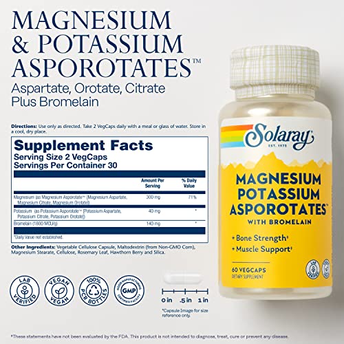 Solaray Magnesium And Potassium Asporotates W/Bromelain, Healthy Electrolyte, Muscle, Heart & Cellular Support, 60 Vegcaps #TOP1