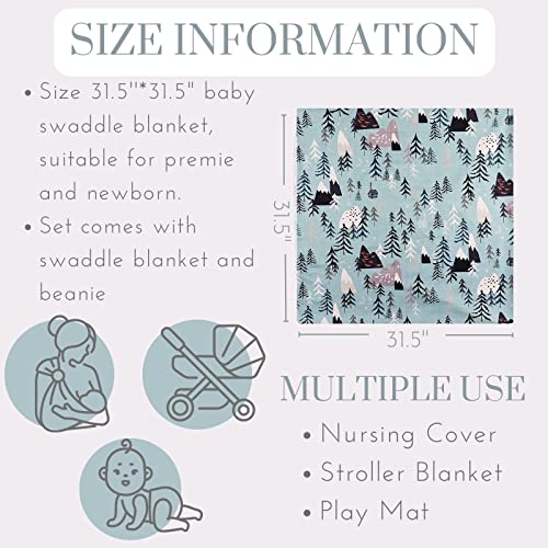 Image of Newborn Swaddle Sets with Beanie and a Name Card Baby Snug Wrap Receiving Blanket for Baby Boys Girls (Mountain&Tree)
