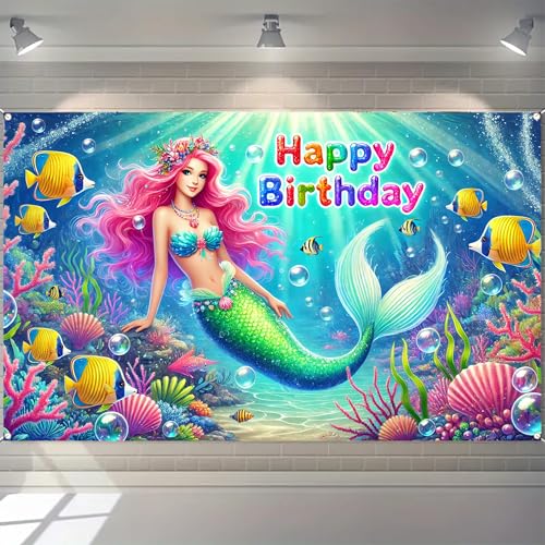 Image of BlissYard Happy Birthday Backdrop Colorful Sea Mermaid Princess Party Banner Photo Background for Photography Girls Birthday Party Decoration Supplies 71 x 43Inches