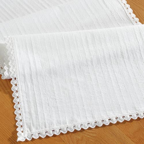 Farmhouse Table Runners 100% Cotton Crochet Lace Edging Table Runner Twin-Side Rustic Ivory Stripes Woven Boho Table Runner 70"X13.5" Gift For Mother #TOP1