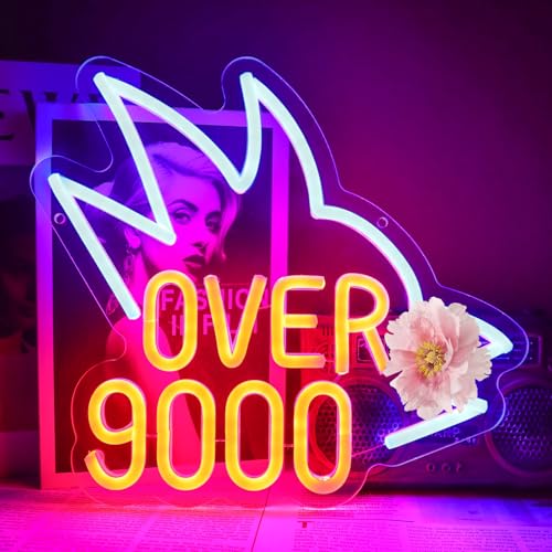 Image of inchOver 9000 inchNeon Sign for Wall Decor, 11.8 inch x 10.6 inch Dimmable USB Japanese Anime LED Light, - Funny Gamer Decor for Bedroom, Game Room, Man Cave, Power Level Gift
