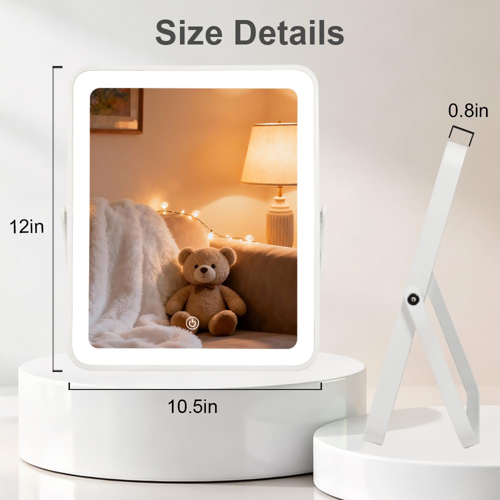 YEKKOPT Specchio da scrivania portatile con luci, 30,5 x 25,4 cm, piccolo specchio ricaricabile per trucco con luci, touch screen intelligente con illuminazione a 3 colori, dimmerabile, per dormitorio