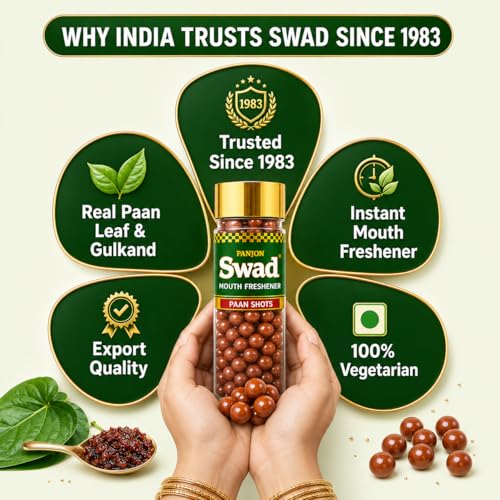 Image of Swad Paan Shots Candy for Instant Mouth Refreshment | Premium Pan Toffee Balls & Traditional Indian Mukhwas | Made with Real Betel Leaf & Gulkand | 100% Natural, Preservative-Free | 150g Bottle
