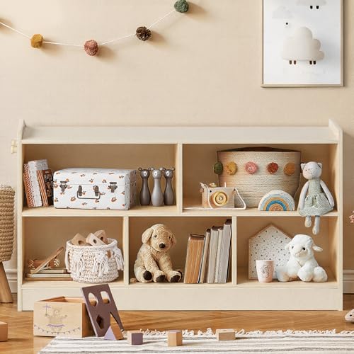Image of Wooden Kids Storage Cabinet, 5-Section Toddler Montessori Bookshelf, Kids Organizer for Classroom, Playroom, Kindergarten, Large Size