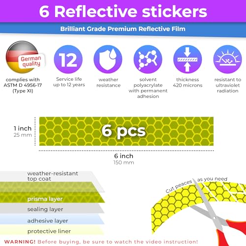 Image of LOOM Reflective Stickers for Helmet | 6pcs Brilliant Flur YLW-grn| Similar to 3M Reflective Tape | Bike Reflectors for Night Riding, Mailbox reflectors | Waterproof hi vis Decals for Car, Trailer