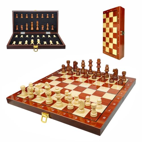 Image of QueensRealm 16 Inch Chess Board Set - Large Wooden Handmade Magnetic Foldable Chessboard for Kids & Adults, 16 Inch x 16 Inch Compact & Portable Travel Chess with Inbuilt Storage (Wooden)