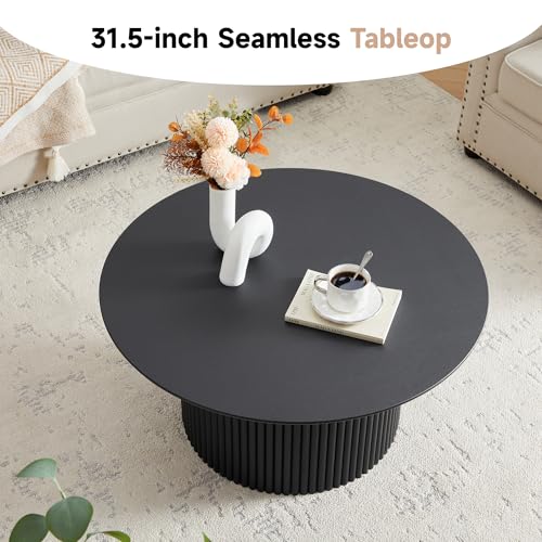 Image of 31.5 inch Round Coffee Table, Modern Fluted Accent Center Table with Metal Frame, Wooden Circle Coffee Tables for Living Room Small Space or Office (Black)