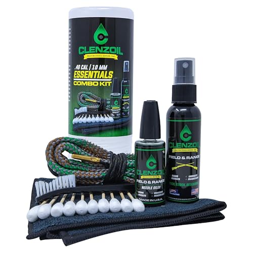 CLENZOIL Field & Range Pistol & Rifle Essentials Gun Cleaning Kit | CLP Spray & Oiler with Bore Cleaner | Clean, Lubricate & Protect | Nylon Brush, Bore Swabs & Microfiber (40 Caliber | 10mm)