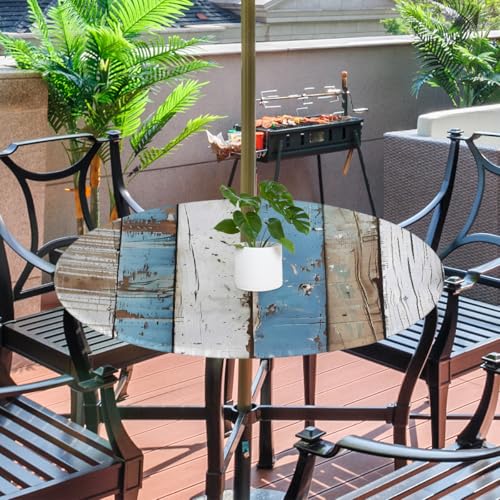 Peaom Rustic Beach Wooden Outdoor Tablecloth with Umbrella Hole, Round Elastic Fitted Table Cloth with Zipper, Waterproof Picnic Patio Table Covers Fits 45-56 in Tables by Peaom - Used condition - Image 2