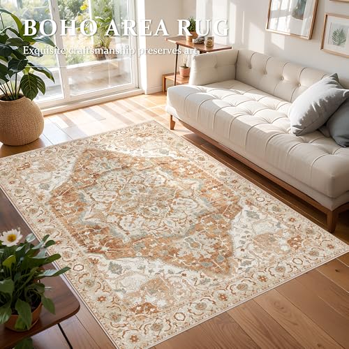 Boho Area Rug 6x9 Washable Large Vintage Rug for Living Room Bedroom Office Kitchen Entrance Dining Room Non Slip Soft Low-Pile Farmhouse, Caramel/Beige/Multi