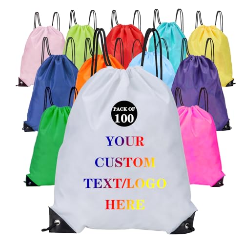 Custom Bags With Your Logo Set of 100 Custom Backpack Draw String Bags Pack Bulk for Travelling Swimming Gym Everyday Use (White)