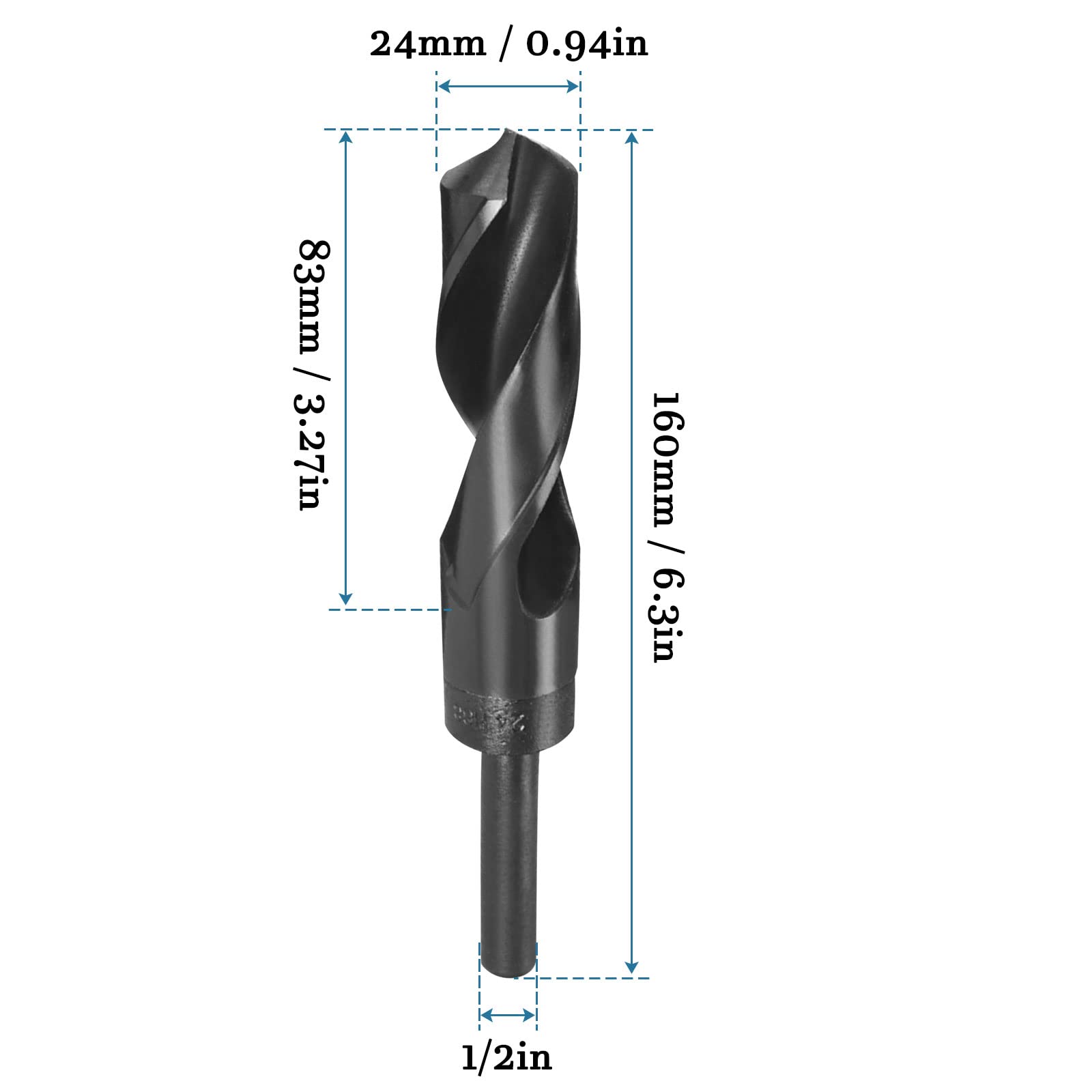 QUARKZMAN 1/2" Vástago 24mm Taladro Barrena x 1uds Alta Velocidad Acero 9341 Reducido Vástago Helicoidales Brocas para Industria Hogar Aluminio Metal, [Nitruro Revestido, Negro]