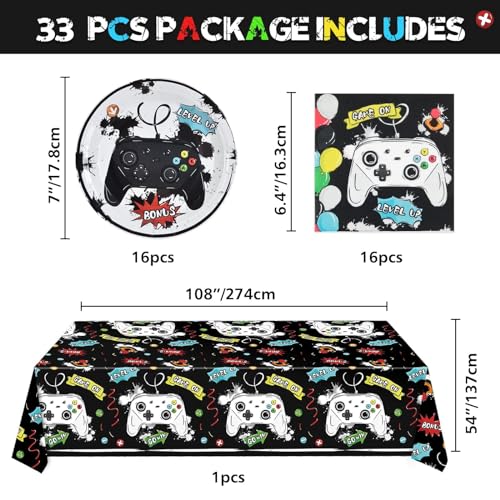 Wernnsai PARTY SUPPLIES SET-009 Video Game Party Supplies Set- 33 Pcs Disposable Table Gaming Theme Decoration Family Games Night Party Tablecloth Plates Napkins For Kids Boys Baby Shower Gamer Lovers Birthday Party Serves 16 Guests thumb #1
