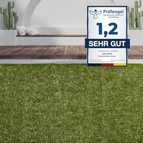andiamo Kunstrasen outdoor Jever, wetterfester Rasenteppich outdoor für Garten, Terrasse & Balkon, leicht zu verlegen, 100 x 200 cm, Grün