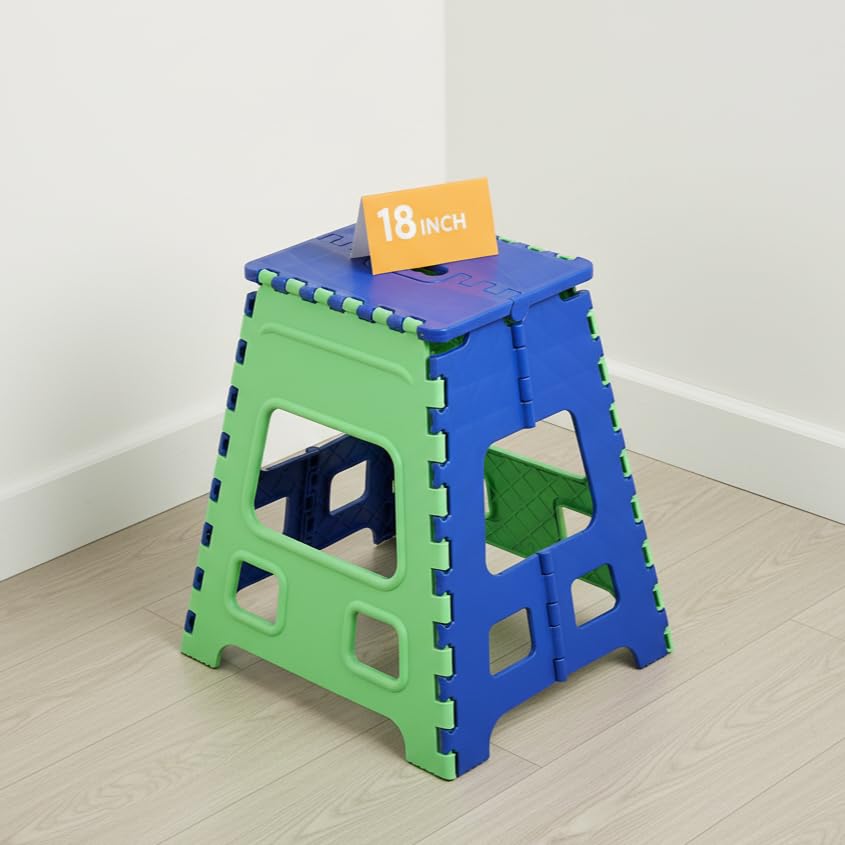 Image of U-MAX 18 Inch Folding Step Stool, Portable, Heavy Duty Plastic with Anti-Slip Surface Space-Saving Foldable Stool for Kids & Adults (Blue-Green)