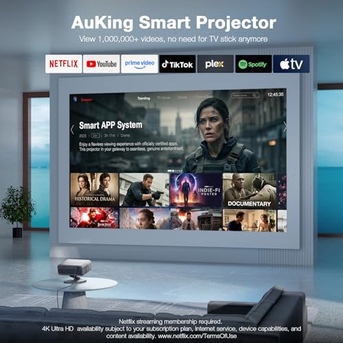Image of 【Now with Netflix & 4500 ANSI】Smart 4K Projector with WiFi and Bluetooth, Auto Focus & Keystone Portable Outdoor Projector, AuKing Home Theater Proyector with Adjustable Stand(Grey)