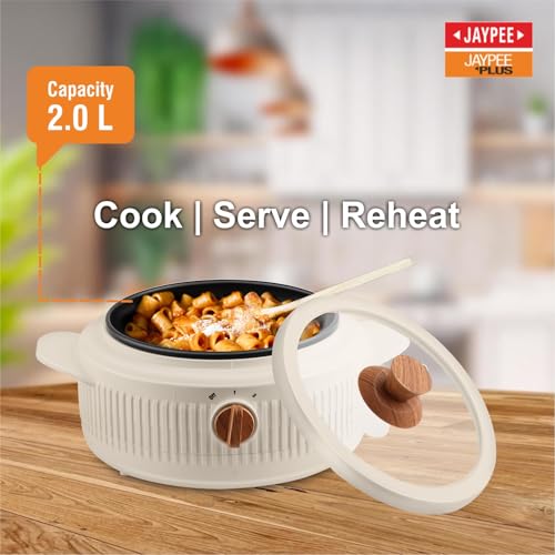 Image of Jaypee Plus Electric CookSmart Casserole with Teflon NonStick Coating Bowl for Reheating & Cooking, Serving Casserole Wooden Finish Lid & Regulator Knob Toughened Glass Lid, 2000 ml, Ivory