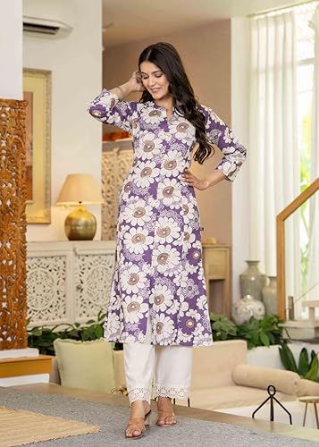 Image of Pistaa's Women's Floral Print A-Line Kurta with Lace Palazzos