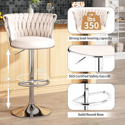 AWQM Beige Set de 4 Butacos de Bar, Taburetes Ajustables con Giratorio 360°, Tapizado en Terciopelo, Sillas para Isla de Cocina con Respaldo y Reposapiés miniatura 5
