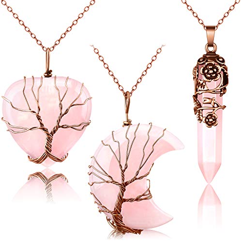 3 Pieces Hexagonal Crystal Pointed Quartz Natural Healing Necklaces Tree Wire Wrapped Moon Heart Necklace Flower Wrapped Antique Quartz Reiki Quartz Gemstone Bronze Copper Wire Wrap (Pink)